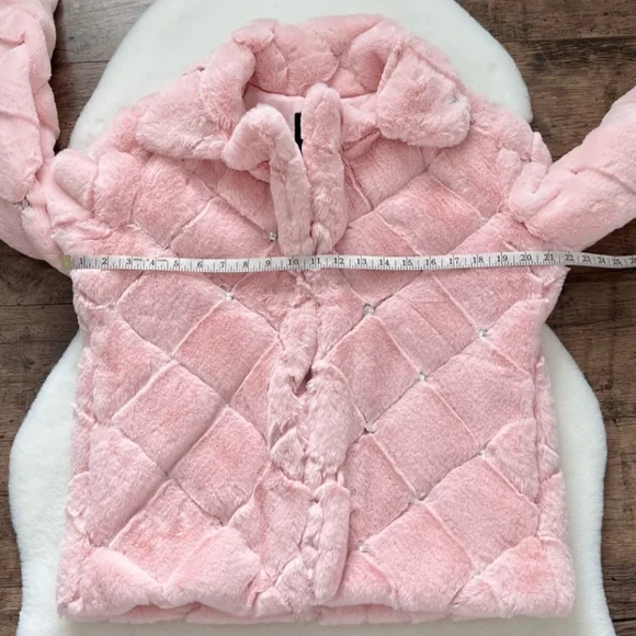 NYCO Pink Faux Fur Coat Quilted Embellished Jacket Barbie Bling Medium - Picture 3 of 14